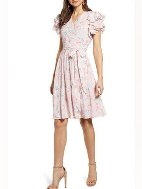 Rachel Parcell - Pink Frosty Floral Tiered Ruffle Sleeve Dress - Large